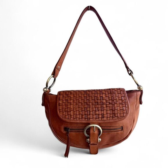 Marta Ponti Cognac Brown Leather Basketweave Satchel Handbag with Brass Hardware - Picture 1 of 16